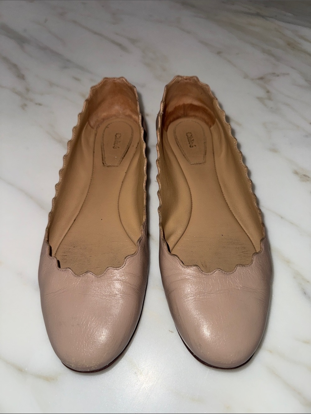 Chloe Pink-Taupe Scalloped Leather Ballet Flats